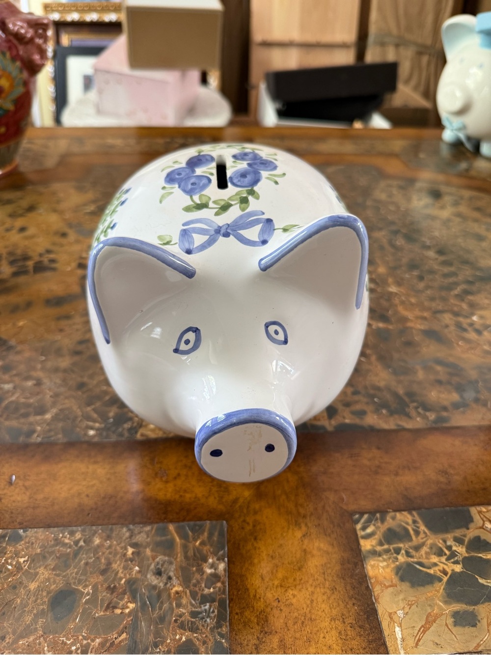 White Ceramic Piggy Bank with Blue Accents - Handpainted Detail